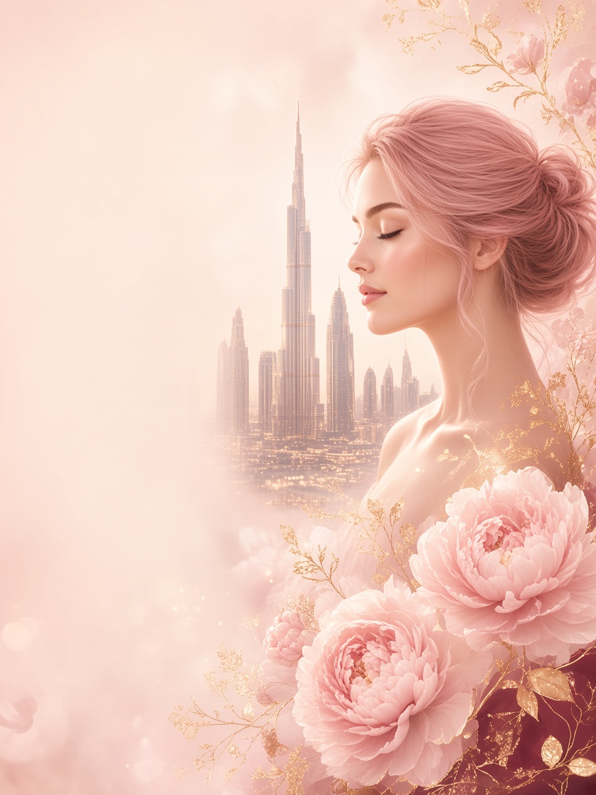 Elegant Haya beauty portrait with blush flowers and Dubai skyline